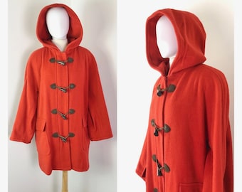 Medium to XL - Vintage 1980s Hooded Vermilion Wool Duffle Coat by Talbots