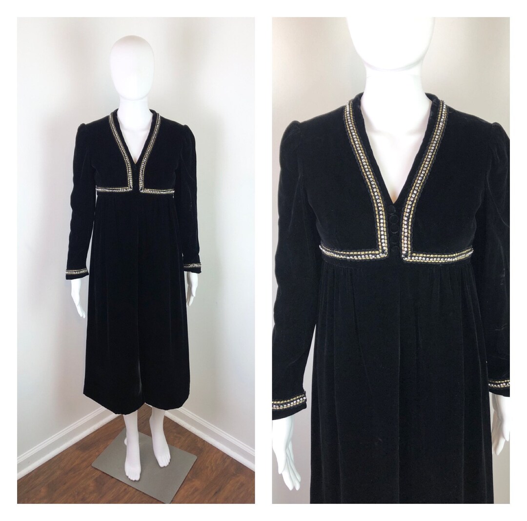 Vintage 60s Black Velvet & Rhinestone Beaded Evening Dress Gown S XS