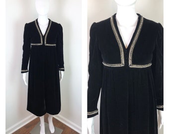 Vintage 1960s Black Velvet and Rhinestone Empire Waist Dress by Godchaux’s - Sz Small