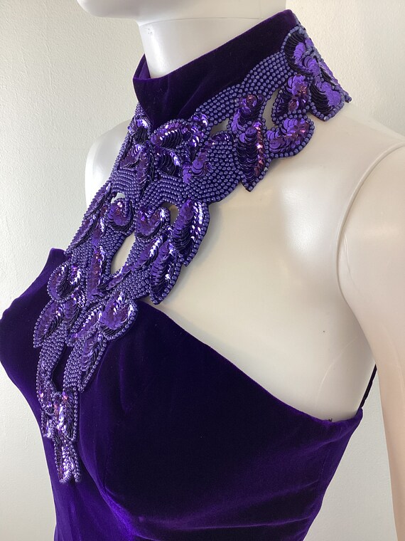 Vintage 1990s Purple Velvet Sequin Halter Party D… - image 5