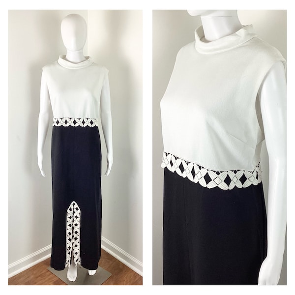 Vintage 1970s Black and White Embroidered Maxi Dress - Curvy Volup