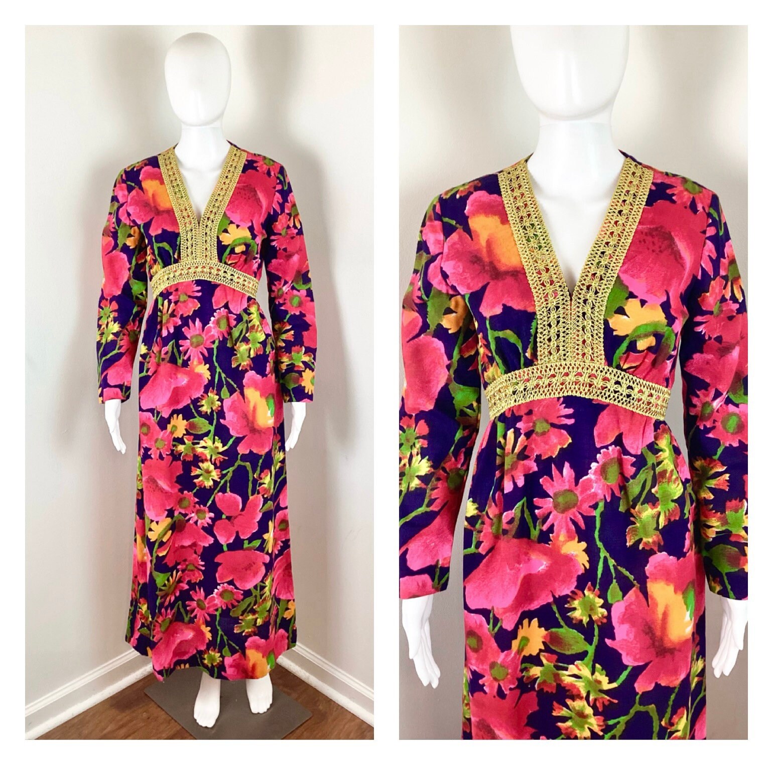 ヴィンテージ 1960 年代 ネイビー ブルーとピンクの花柄プリント