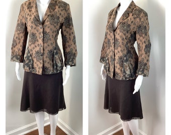 Vintage 1990s does 1920s Gauzy Chocolate Skirt and Floral Blazer Set by Lilith Paris - Sz Large