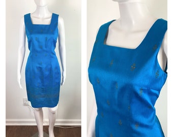 Vintage 1990s Cerulean Blue and Gold Henna Print Sheath Dress by Dawn Joy - Large