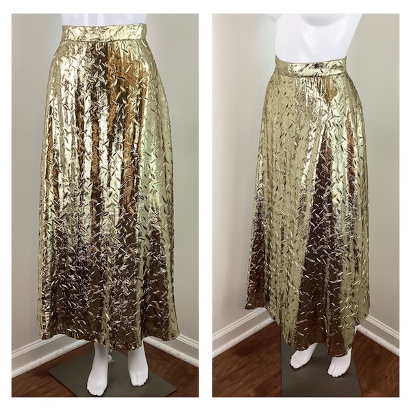 Vintage 1990s Liquid Gold Lamé Textured Midi Skirt by Halston lll - Sz 26” waist | Small | XS