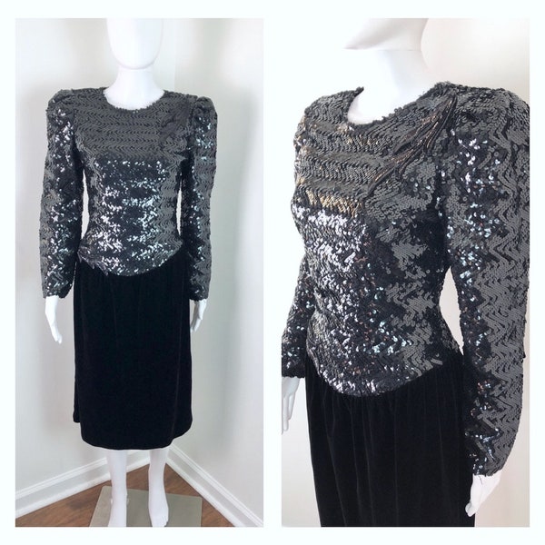 Vintage 1980s Black Sequin and Velvet Evening Party Dress by Cachet by Bari Protas - Sz. Small to Medium