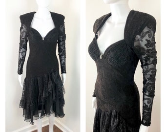 Vintage 1980s Black Lace Party Dress by Climax by Karen Okada - Sz Medium to Large
