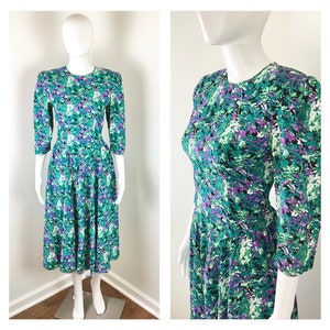 Vintage 1980s Deadstock Teal and Purple Floral Tea Garden Dress by E.D. Michaels - Sz Small to Medium