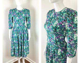 Vintage 1980s Deadstock Teal and Purple Floral Tea Garden Dress by E.D. Michaels - Sz Small to Medium