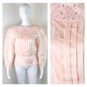 Vintage 1980s Victorian Style Peplum Semi-Sheer Blouse by Nilani - Sz Medium to Large
