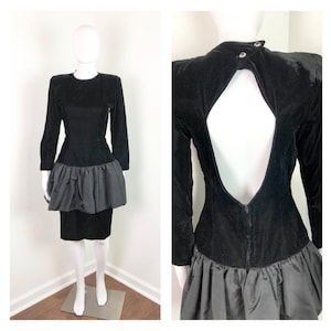 Vintage 1980s Black Velvet Peplum Dress by Night Visions California - Sz Small