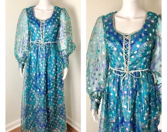 Late 60s/early 70s Sheer Aqua and Silver Metallic Maxi Dress by Kati Preston of Laura Phillips; Renaissance; Fantasy; Fairycore; Medieval
