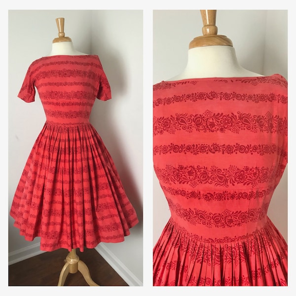 1950s L’Aiglon Fit and Flare Red Batik Party Dress