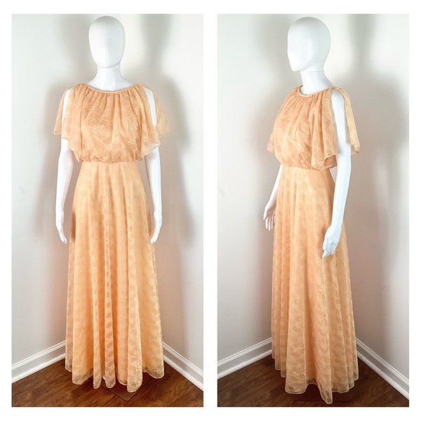 Vintage 1970s Peachy Orange Dream Greek Goddess Style Lace Gown w/ Angel Sleeves - XS to Small