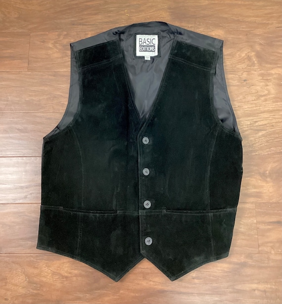 Vintage 1990s Black Leather Biker Vest by Basic E… - image 1