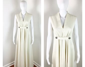 1960s Cream Greek Style Goddess Maxi Hostess Dress w/ Empire Waist - Sz Large to XL