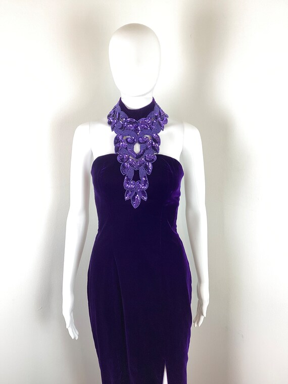 Vintage 1990s Purple Velvet Sequin Halter Party D… - image 3