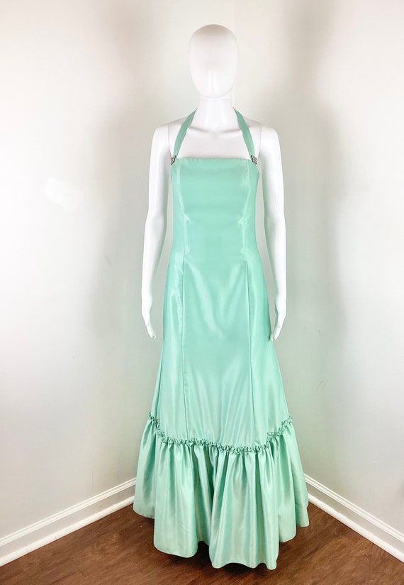 Vintage Y2K Mint Green Trumpet Style Halter Party… - image 2