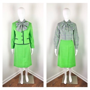 Vintage 1970s Lime Green & Plaid Dress and Jacket Set by Vilano by Geraldo Livonese - Sz Small