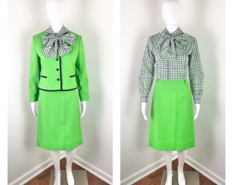 Vintage 1970s Lime Green & Plaid Dress and Jacket Set by Vilano by Geraldo Livonese - Sz Small