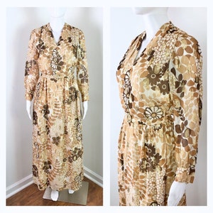 Absolut atemberaubendes Vintage 1970s Braun Floral und Gold Lamé Hostess Maxi Kleid - Sz Sz Small