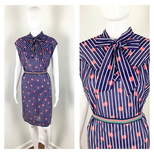 Vintage 1970s Blue Strip and Red Polka Dot Shift Dress w/ Pussybow Tie - Large to XL