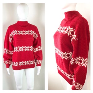 Vintage 1980s Red Waffle Knit Snowflake Sweater - Sz Medium to XL