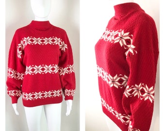 Vintage 1980s Red Waffle Knit Snowflake Sweater - Sz Medium to XL