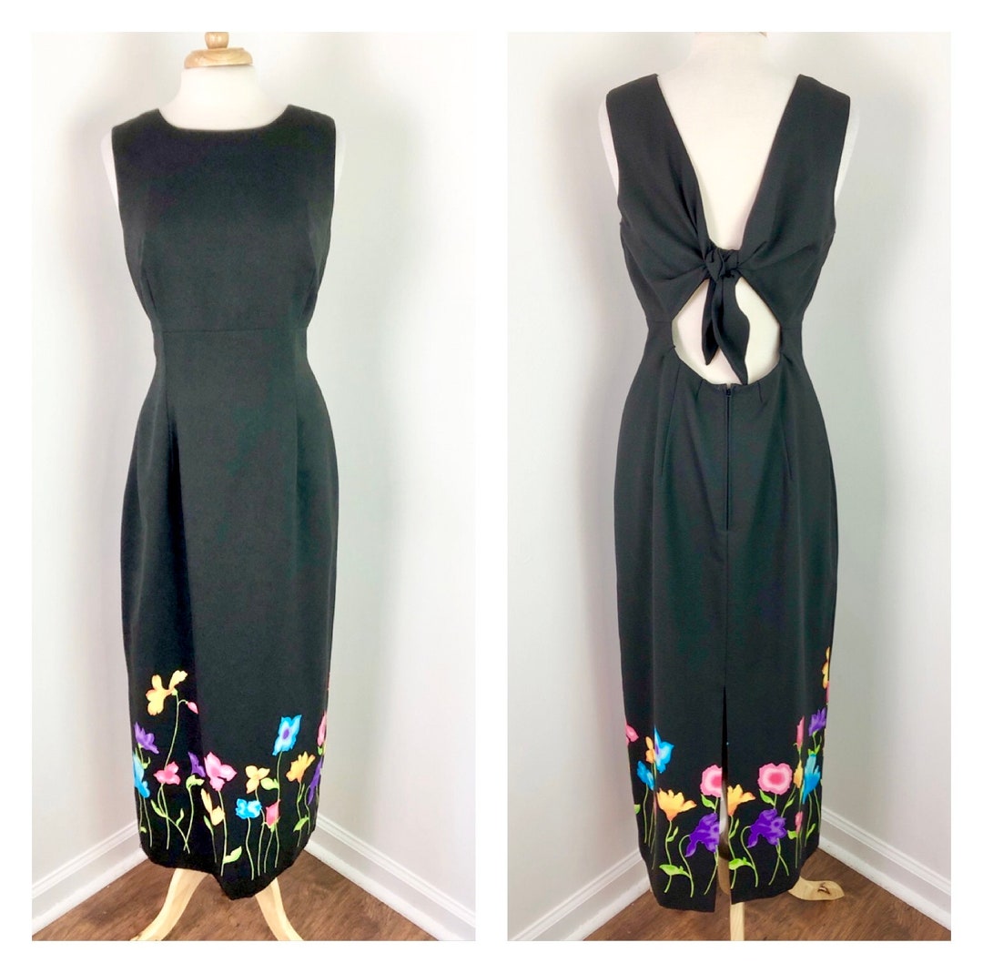 vintage large flower sleeveless dress black . M ^^^