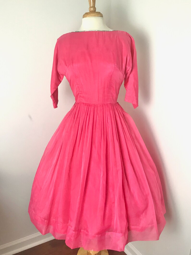 1950s Pink Chiffon Party Dress W Rhinestone Studded Neckline Etsy