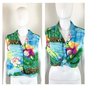 Vintage 1990s Tropical Paradise Button Up Crop Top by Jams World - Sz XL
