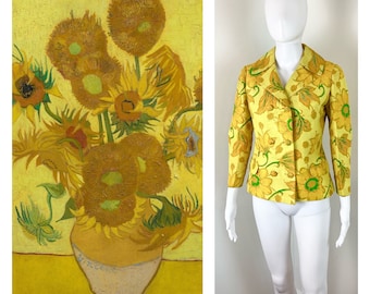 Vintage 1960s Van Gogh Style Double-Breasted Gold and Yellow Floral Blazer - Sz Medium