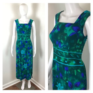 Vintage 1990s Green and Blue Hawaiian Midi Dress by Dawn Joy - XS to Small