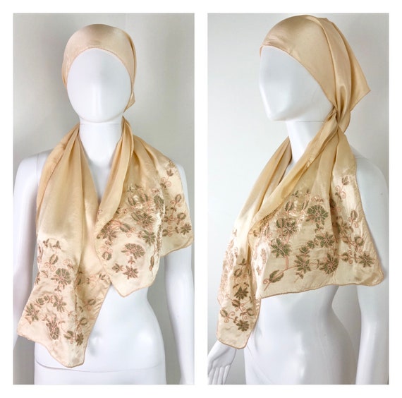 Vintage 40s 50s Mens White Scarf Crepe Opera Foulard