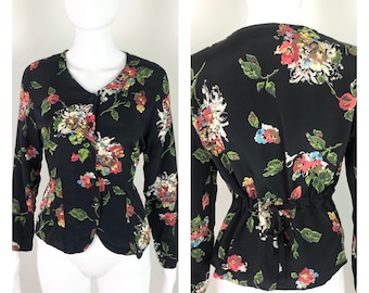 Vintage 1990s Black Floral Blouse by Carole Little - Sz Medium