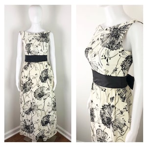 Robe vintage des années 1950 crème et pissenlit noir avec ceinture à noeud noir - T TP à petite