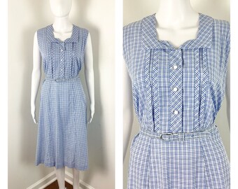 Robe de pique-nique en coton à carreaux bleus vintage des années 1950 - Taille moyenne à grande