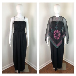 Vintage 1970s Black Maxi Dress w/ Sheer Floral Cape - Union Made- Sz Small to Medium