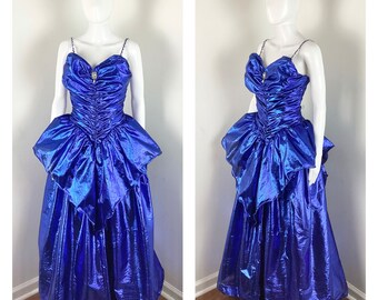 Vintage jaren 1980 blauw metallic lamé prinses galajurk van Zum Zum - medium