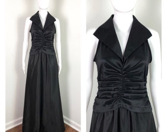 Vintage 1990s Black Ruched Tuxedo Style Dress Gown by Tadashi - Medium to Large