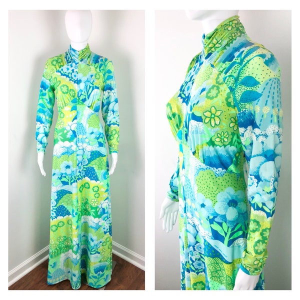 Vintage 1970s Acid Green and Blue Empire Waist Dress by Robert David Morton - Sz Large to Curvy