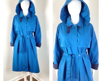 Vintage Blue Hooded Insulated Trench Coat by London Fog - Sz Medium to Large