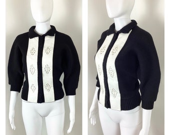 Vintage 1950s Black and White Leather Rhinestone Studded Batwing Cardigan by Ethel of Beverly Hills - Medium to Large