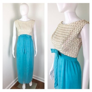XS to S - 1960&#39;s Robin&#39;s Egg Blue Chiffon and White Sequin Maxi Dress