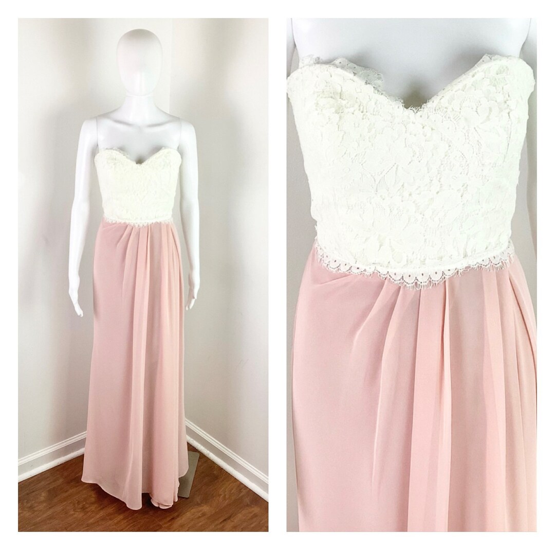 Vintage 1990s White Lace and Blush Pink Chiffon Strapless Dress by Jim