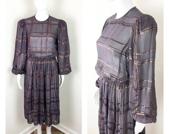 Vintage 1980s Sheer Plum y Lamé Midi Dress - Sz Small to Medium