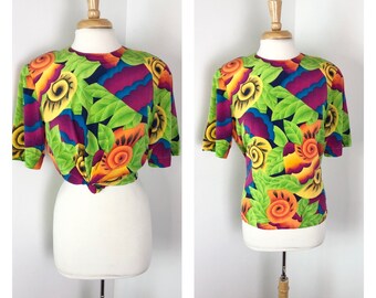 Medium to Large - 1990s Acid Green Abstract Silk Blouse