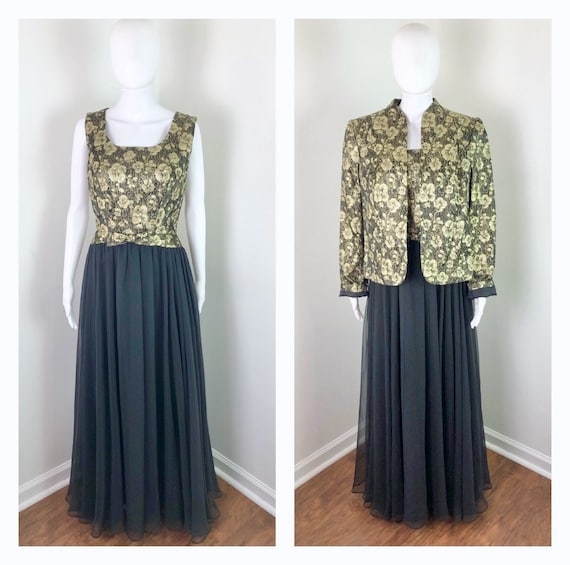 Vintage 1960s Black Chiffon and Gold Lamé Floral … - image 1