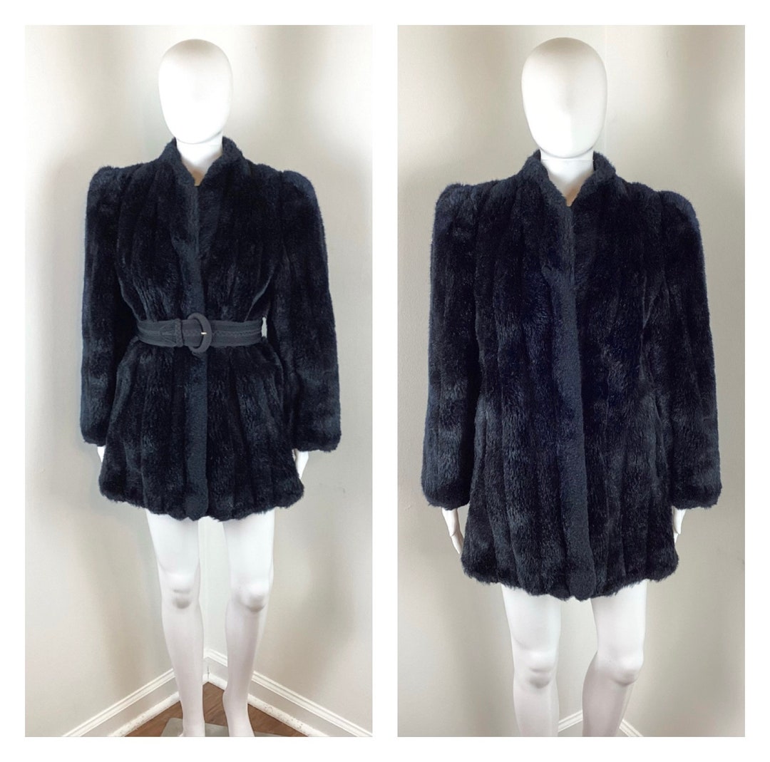 Vintage 1980s Black Mink mimique Faux Fur Coat by Sassoon Sz Large to ...
