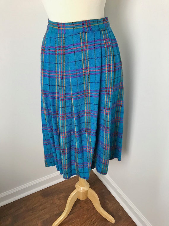 1980s Pleated Peacock Blue Plaid Skirt - image 7
